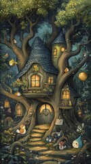 Fototapeta premium A whimsical treehouse nestled among the towering forest trees in the night
