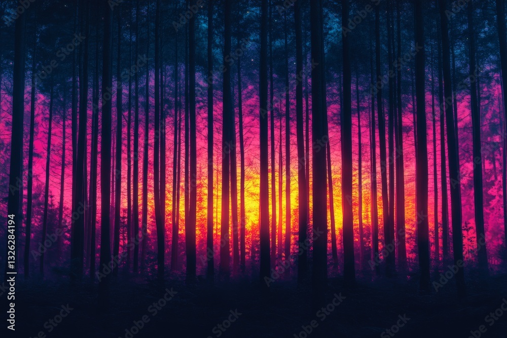 Aufkleber vibrant sunset through tall trees in a tranquil forest creating a magical atmosphere