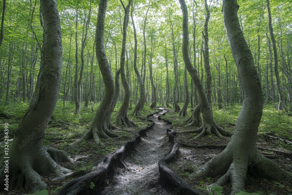 Aufkleber serene forest path winding through tall green trees during daylight