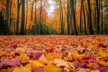 Vibrant autumn colors adorn a forest path covered in fallen leaves during the peak of fall season