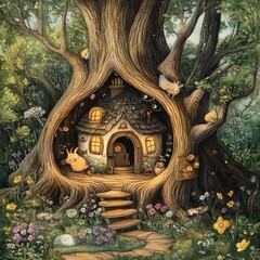 Fototapeta premium A whimsical tree home is nestled among the beautiful forest greenery