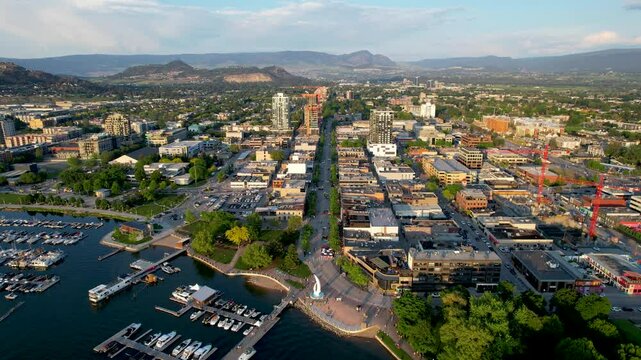 Drone View of Downtown Kelowna and Bernard St in British Columbia, Canada
