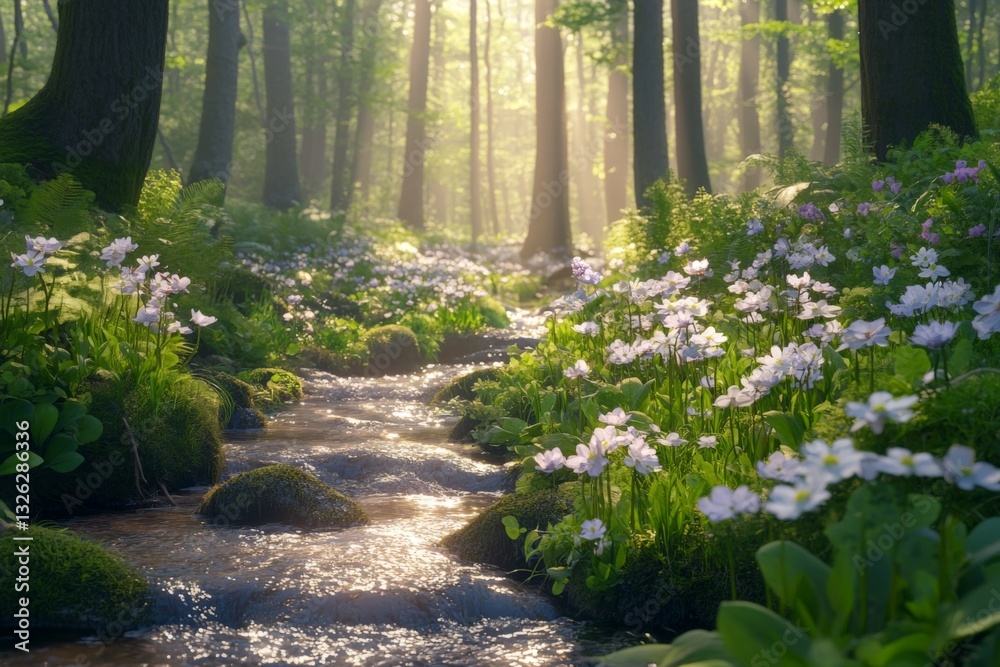 Poster Sunlight filtering through trees over a tranquil stream with blooming flowers in a lush forest during springtime