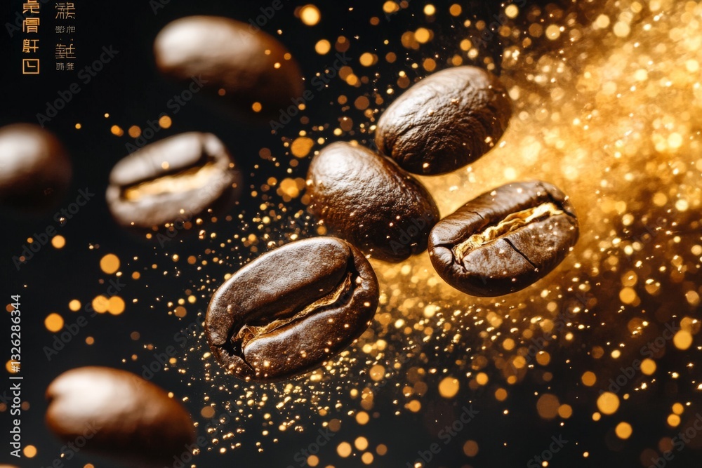 Poster coffee beans dancing in golden light create a captivating and artistic experience