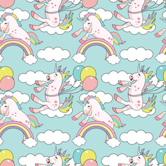 Seamless pattern with unicorn. Unicorn flying in the sky. Balloons and rainbow. Children's pattern.