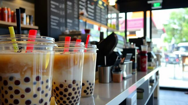 Delicious bubble tea drinks served at a lively bubble tea store during a sunny afternoon, Bubble tea a bubble tea store