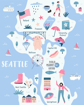 Illustrated map of Seattle, USA with landmarks and symbols. Vector cartoon design for frame arts, posters, prints