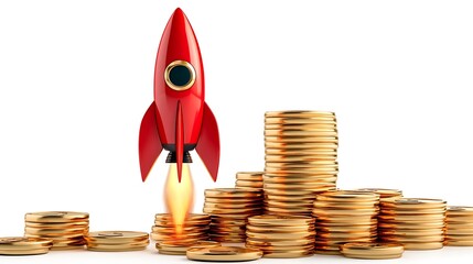 Red Rocket Launching Towards Gold Coin Stacks: 3D Render of Financial Growth AI Generated