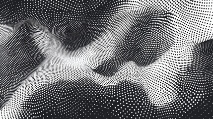 Dynamic flowing dotted waves, monochromatic halftone patterns, smooth gradient transitions, minimalist vector design, floating abstract forms, clean white background, precise dot matrix formations,