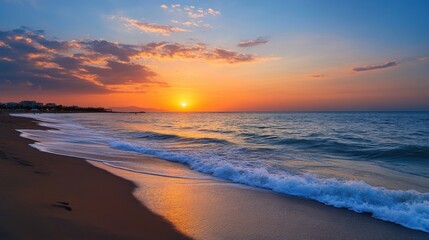 Fototapeta premium Serene Sunset Over Tranquil Beach with Gentle Waves and Colorful Sky in the Evening Light
