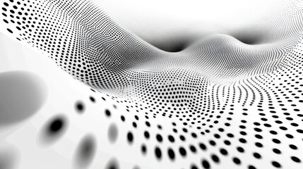 Dynamic flowing dotted waves, monochromatic halftone patterns, smooth gradient transitions, minimalist vector design, floating abstract forms, clean white background, precise dot matrix formations,