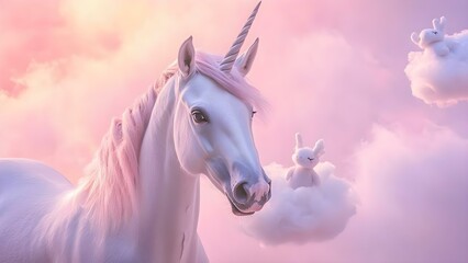 Fototapeta premium A dreamy scene featuring a white unicorn with a pink mane, surrounded by fluffy clouds and cute bunny-like characters. Concept Dreamy Unicorn Scene, Pink-Maned Fantasy, Cloudy Wonderland