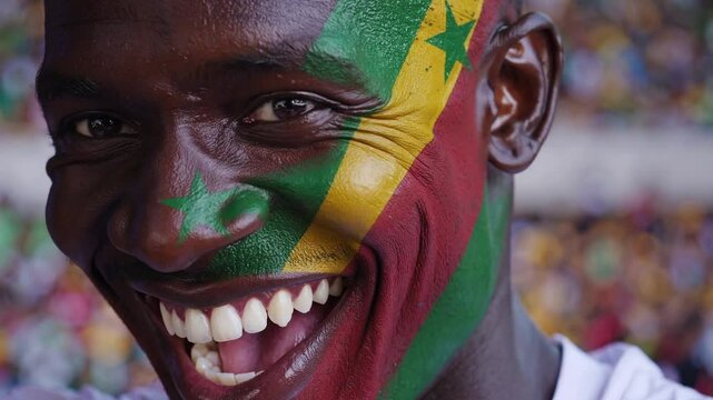 Smiling Senegalese man with face painted in Senegal national colors at a sports stadium, passionate football supporter celebrating  
