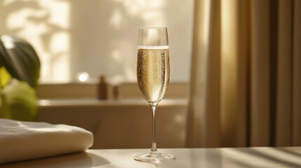 Fototapeta premium Elegant champagne flute with rising golden bubbles, delicate effervescence streams, crystal clear glass capturing light reflections, pale straw-colored liquid, natural window lighting, soft focus