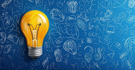 Bright yellow light bulb against a blue background filled with doodles representing ideas, creativity, and innovation for business concepts