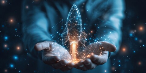 hands holding a glowing rocket, representing a startup and innovation.