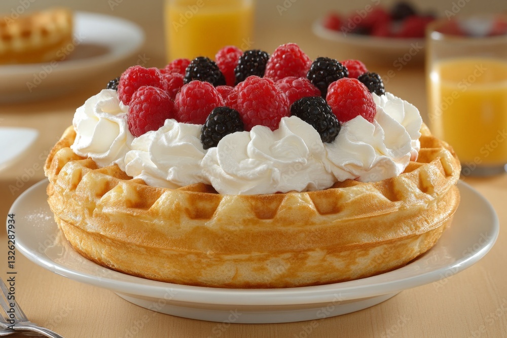 Poster Delicious waffle topped with whipped cream and fresh berries served with juice in a cozy cafe setting