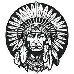 Fototapeta premium Vector illustration of a Native American chief wearing a traditional feathered headdress. The black and white circular design features a stern-faced tribal leader with detailed feathers