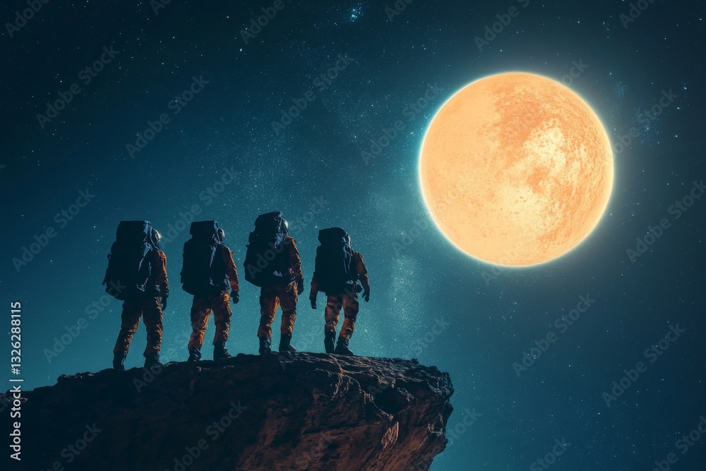Aufkleber astronauts gazing at a huge moon while standing on a rocky surface in a surreal night sky