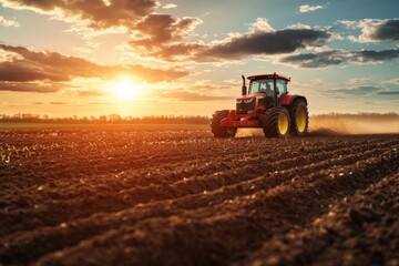 Obraz premium Tractor cultivating rich soil at sunset in a rural landscape