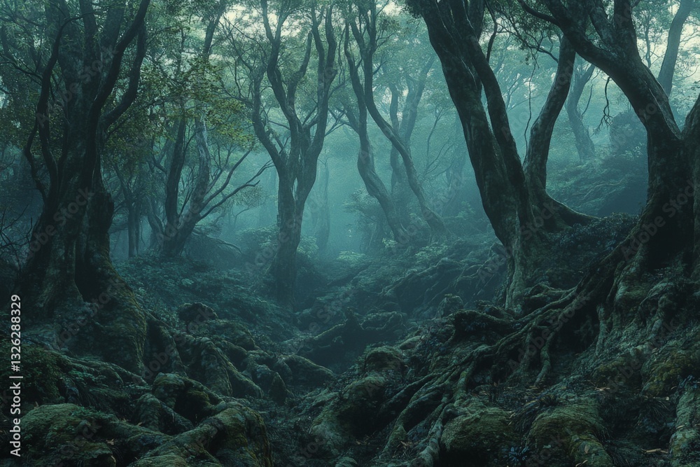 Poster mysterious forest with twisted trees and dense fog during early morning light in a secluded wilderne