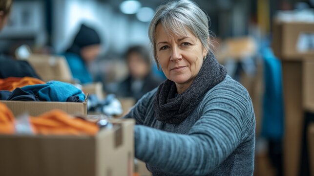 A middle-aged woman is organizing clothes and household items at a charity drive. She works with a team of dedicated volunteers, fostering community spirit and support