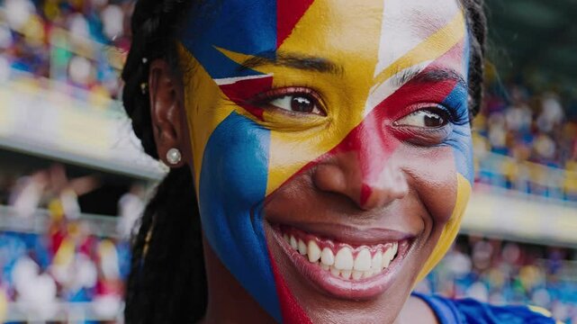Smiling Seychellois woman with face painted in Seychelles national colors at a sports stadium, passionate football supporter celebrating  
