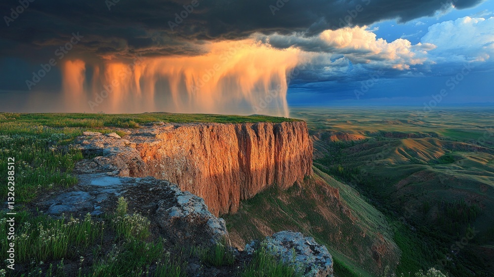 Poster heavy rain pours from dark clouds above a stunning high mountain plateau, illuminating the terrain a