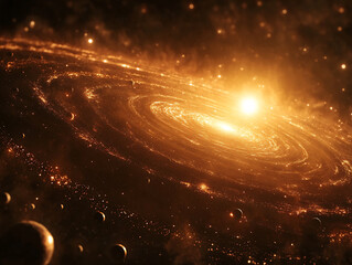 Obraz premium a glowing, spiral galaxy surrounded by stars and small planets. The central region of the galaxy emits a bright, warm light, creating a striking contrast against the darker regions of space.