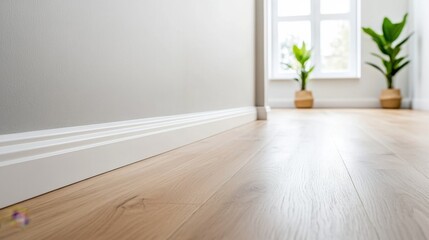 Fototapeta premium Elegant Wooden Flooring with Natural Light and Potted Plants in Modern Interior Design Space