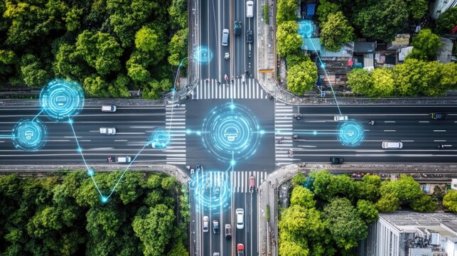 Aerial view of a smart city with self-driving cars and interconnected transportation systems, visualizing futuristic mobility.