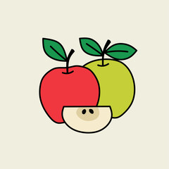 Drawing of red and green apples in different forms, whole, sliced, and leaves with a simple and playful style. Perfect for fruit-themed design promoting health and wellness.