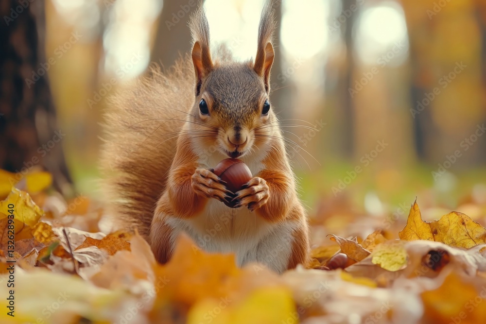 Poster squirrel forages for acorn among colorful autumn leaves in a tranquil forest setting