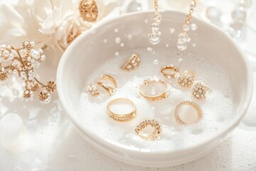 Jewelry Cleaning Process With Sparkling Gold Rings and Earrings in a Soapy Bowl Surrounded by Delicate Florals