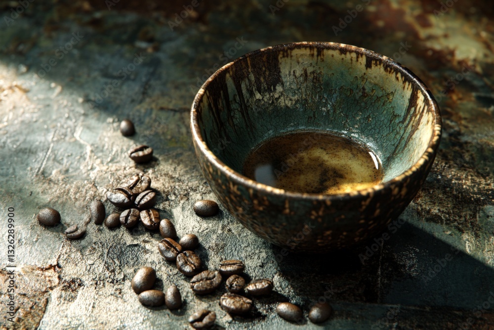 Aufkleber coffee cup resting on a rustic surface with beans scattered around in warm afternoon light