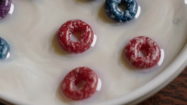 close-up of colorful Fruit Loops floating in milk, showcasing the vivid colors and textures. The milk is a creamy white with light yellowish tones, creating an atmosphere reminiscent of breakfast time
