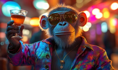 a monkey with sunglasses holding a cocktail in a nightclub.