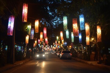 Street adorned with colorful lanterns illuminates evening ambiance in festive celebration