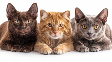 Obraz premium Three adorable cats sitting together on a white background, perfectly isolated for a realistic pet care image