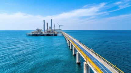 Fototapeta premium Aerial View of Offshore Oil Platform Surrounded by Calm Blue Ocean and Wind Turbines Under Clear Sky