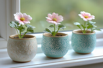 Blooming peach colored indoor flowers on a windowsill in hand painted ceramic pots