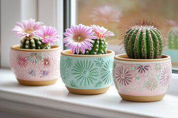 Blooming cactus on a windowsill in hand-painted ceramic pots