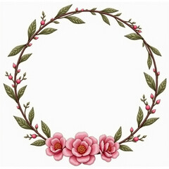 A delicate floral wreath featuring pink flowers and green leaves, perfect for decorative purposes.