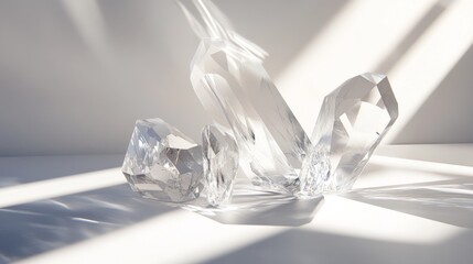 luxurious cut crystal, intricate geometric patterns, dramatic shadow casting, light dispersion effect, bright minimal background, optical caustics, monochromatic tones, artistic still life