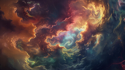 A fantastical landscape painting where the sky is filled with swirling colors.