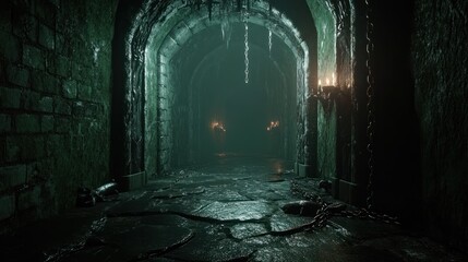 Dark Mysterious Underground Tunnel with Chains and Flickering Lights  Ideal for Fantasy Horr