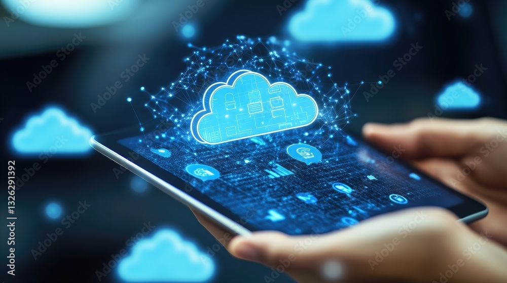 Poster a close-up of a digital tablet showing cloud-based business applications and data analytics.