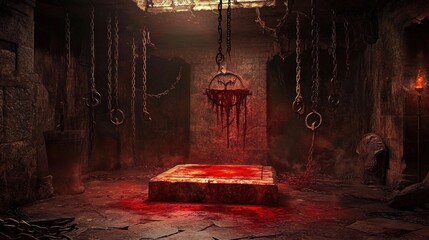 Dark Dungeon with Chains and BloodStained Altar Mysterious Creepy and Haunting Atmosphere f
