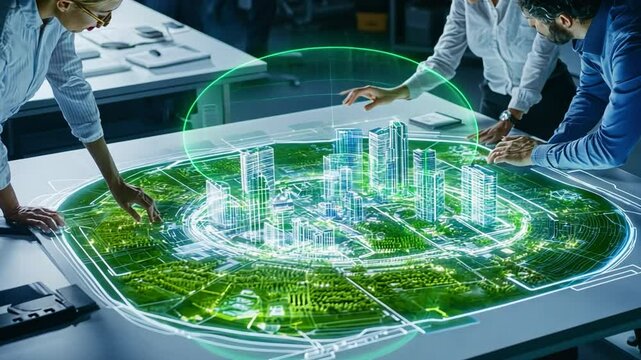 Digital Blueprint: A group of architects and urban planners huddle around a glowing, futuristic digital model of a city, collaborating on a visionary project. 
