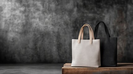 two shopping bags with handles on a wooden surface.